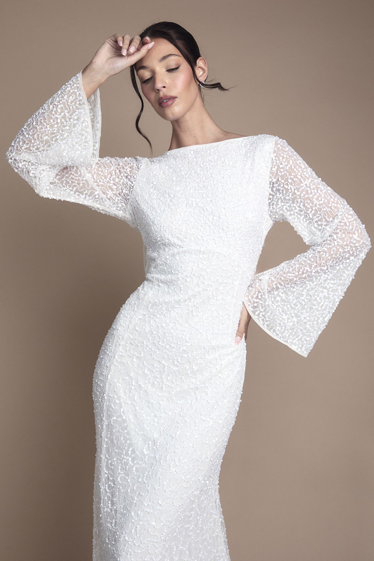 Coast Long Sleeve Flare Sleeve Cowl Back Sequin Wedding Dress