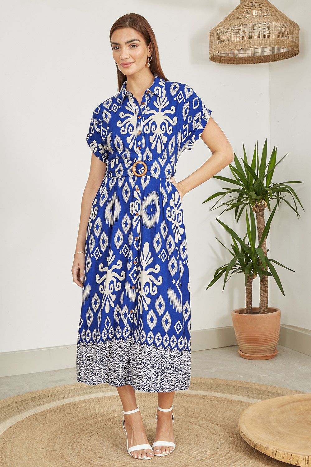 Yumi Yumi Blue Abstract Geo Print Relaxed Midi Shirt Dress With Belt