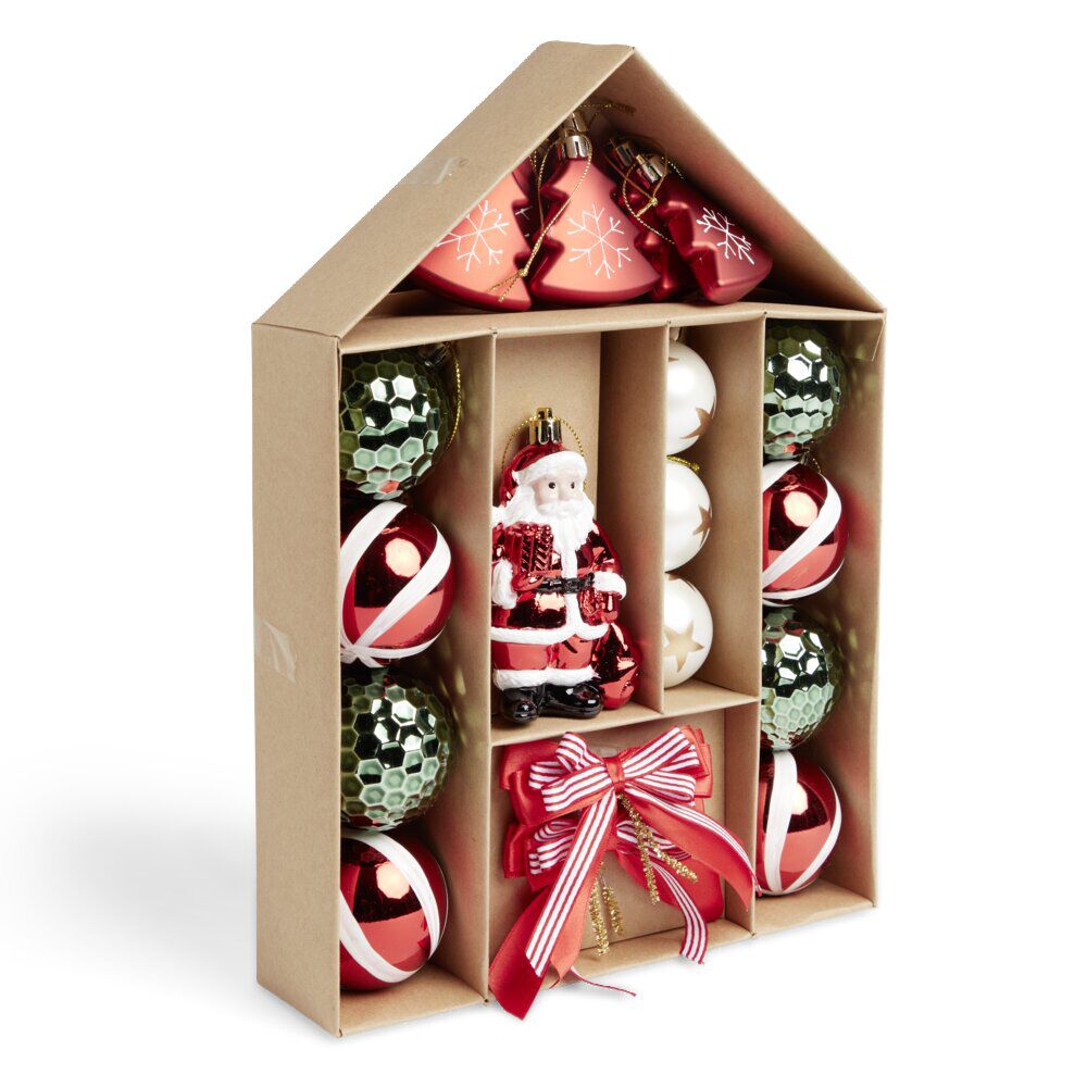 Kit décoration sapin de No&euml;l traditionnel rouge et vert 20 pièces
