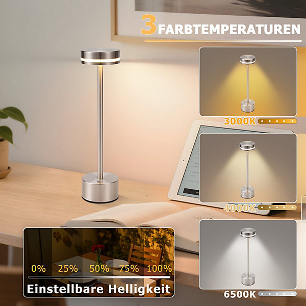 Lampe de table nettlife à piles, lampe de table led sans fil, lampe de chevet à intensité variable 3 000 k-6 500 k avec usb-c