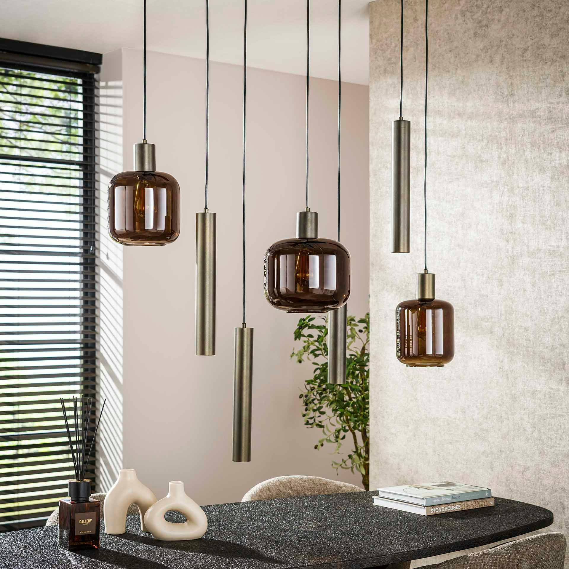Suspension verre & métal – globes bruns   tubes bronze NOVA