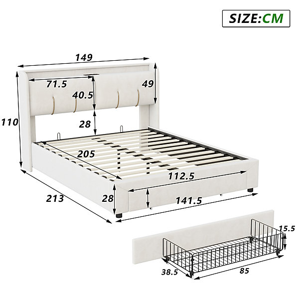 Lit coffre 140x200 cm avec LED, sommier à lattes, USB Type-C, capitonné velours blanc