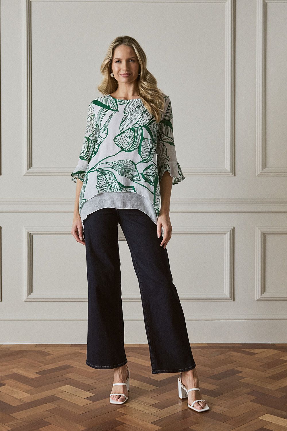 Izabel London Leaf Print 3/4 Sleeve Layered Tunic Top