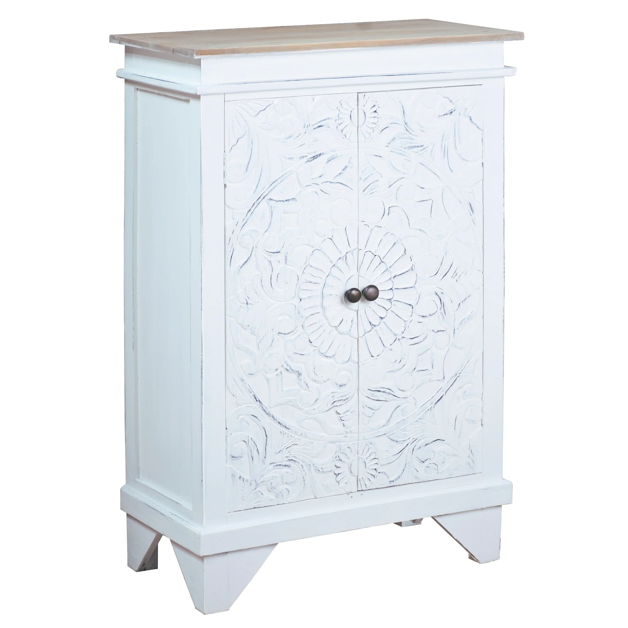Distressed Finish Wooden Carved Accent Cabinet - 43 - White and Brown