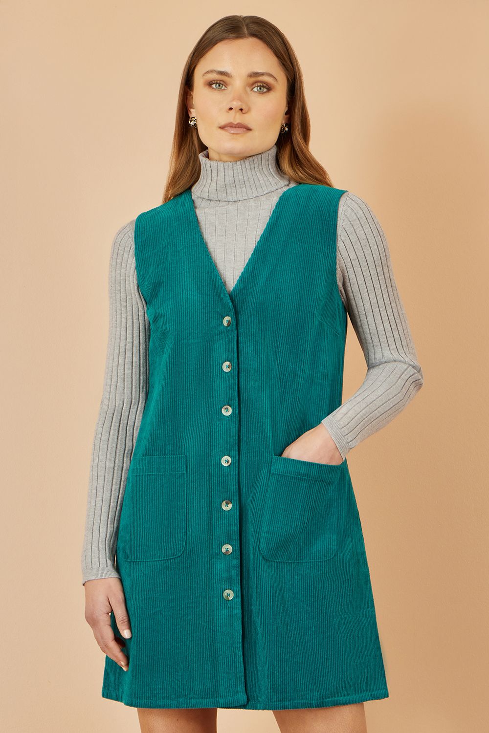 Yumi Teal Cord Button Through Pinafore Dress With Pockets