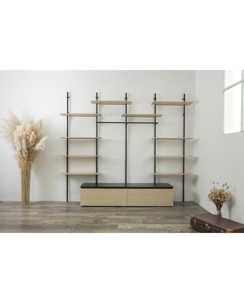 KALI - Dressing bibliothèque modulable  avec 10 étagères + 2 caissons bois