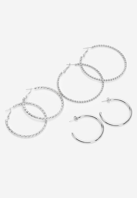 Womens 3 Silver Textured Hoop Earrings