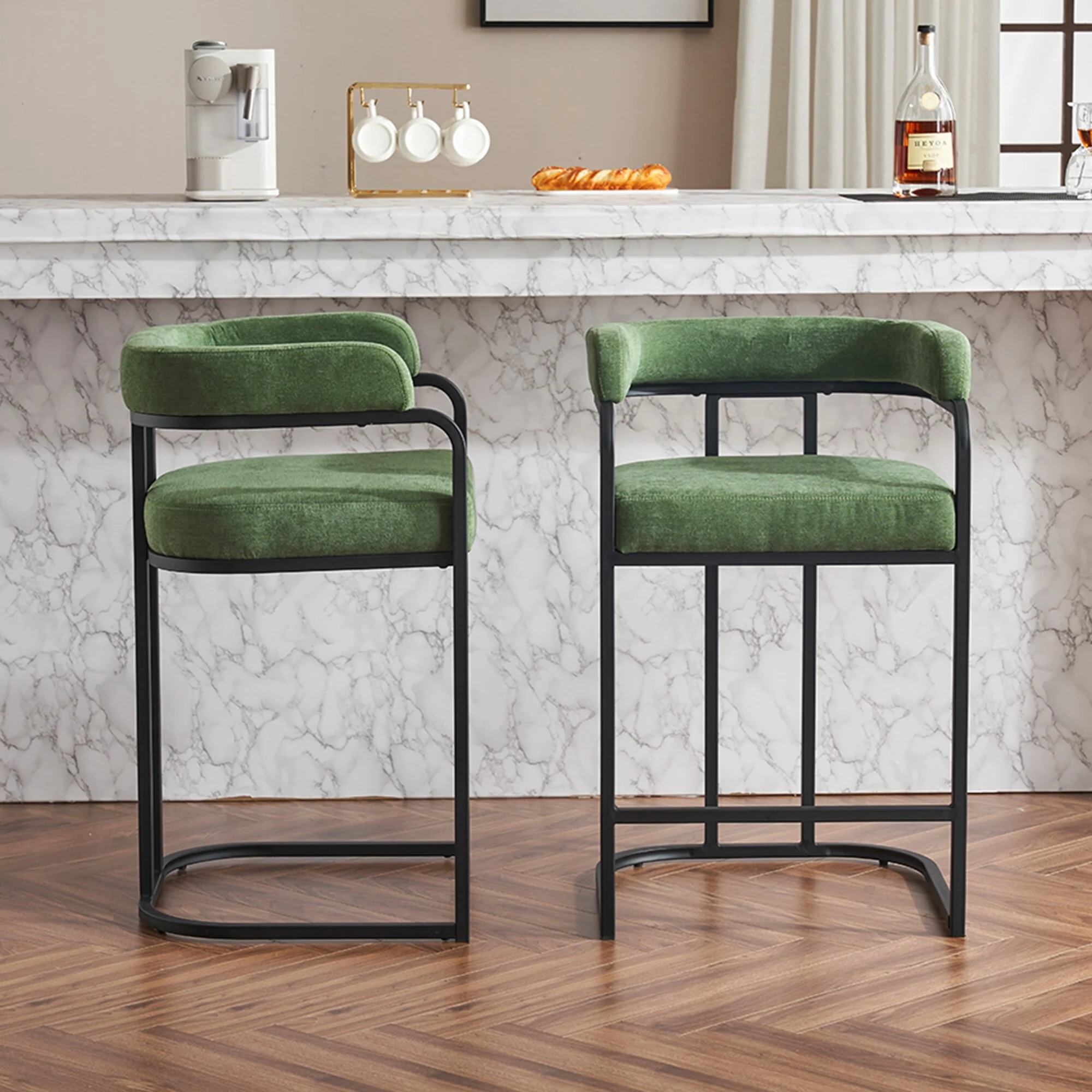 Modern Chenille Bar Stools Set of 2,Counter Height with Metal Frame & Armrests for Kitchen Island, Dining Room