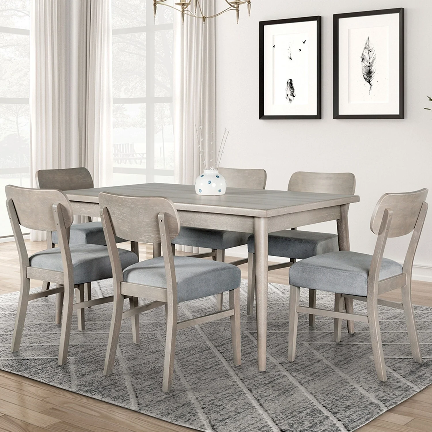 7 Piece Rectangular Wooden Dining Set with Padded Seat in Gray