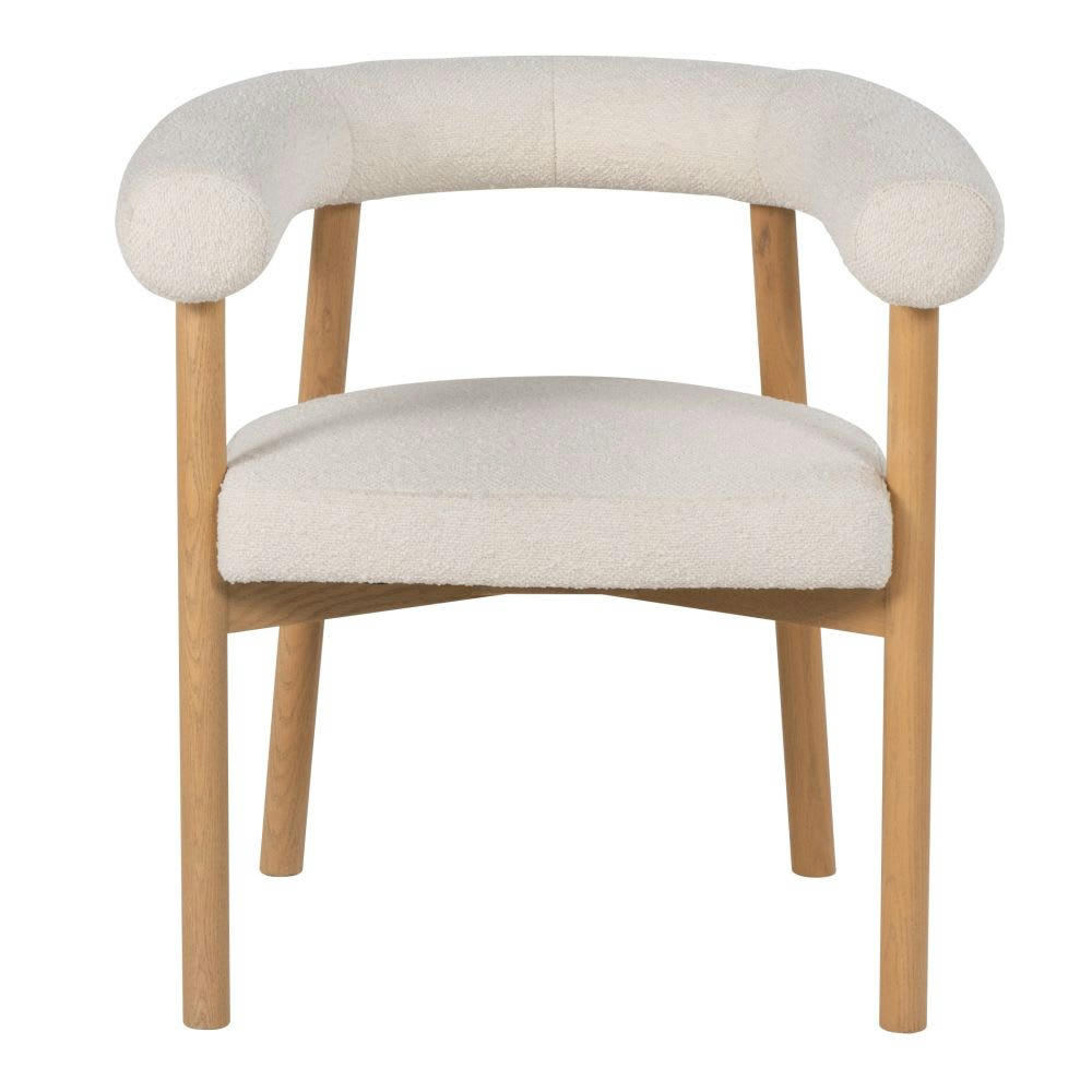 Rafael - Fauteuil de table en bois de frêne et tissu écru effet laine bouclée