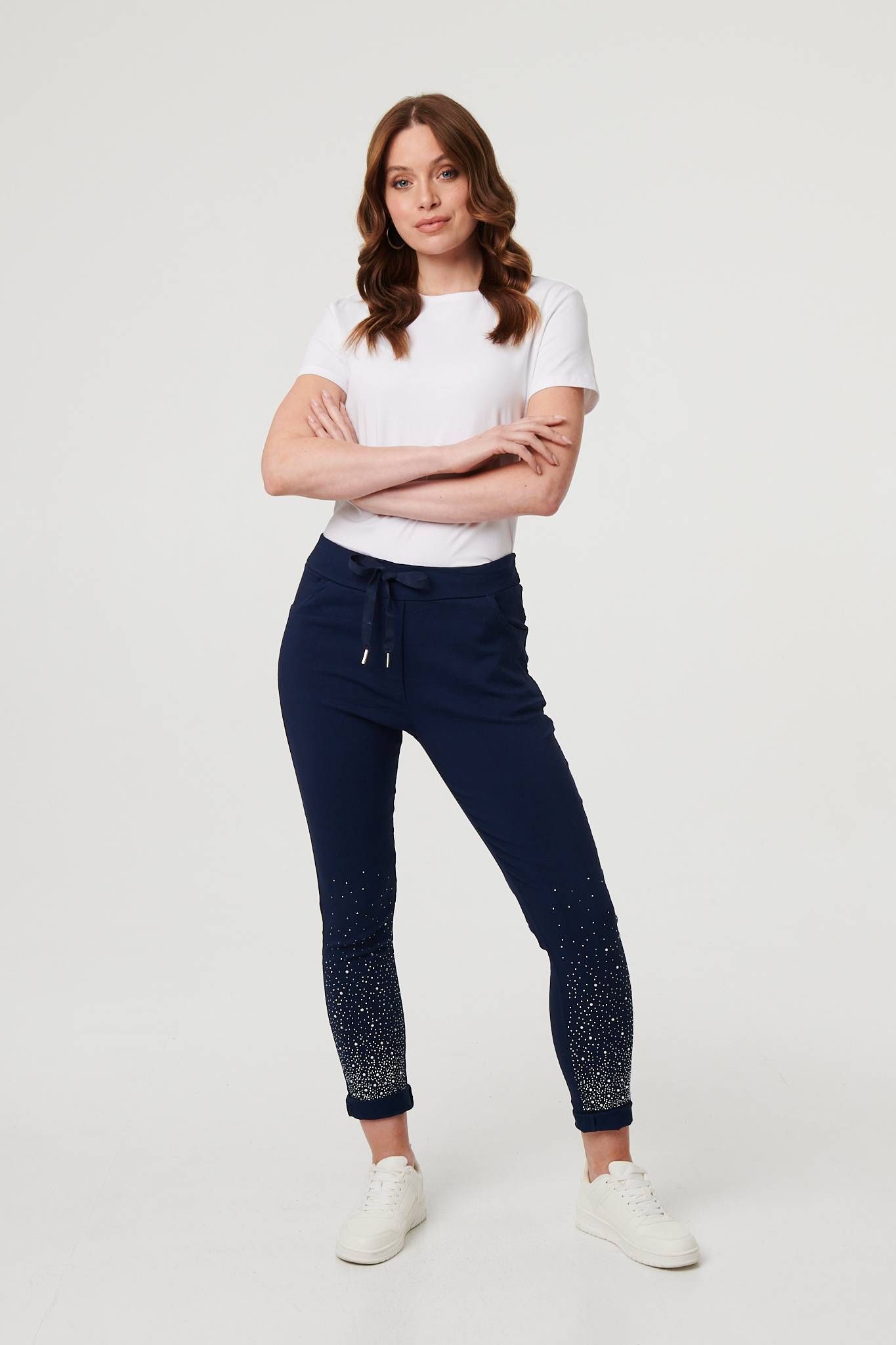 Izabel London Diamante Detail Slim Cropped Trousers