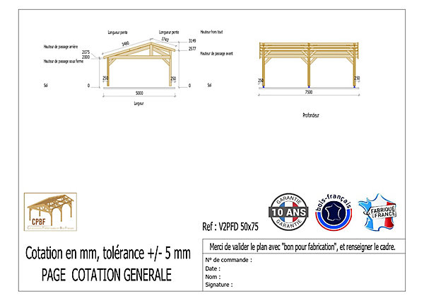 Carport 2 pentes faitage décalé, 500cm x 750cm,Pin DOUGLAS Français(Charpente en bois-auvent-abri voiture)37 m².Garantie 10 ans