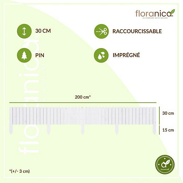 Floranica Bordure de Jardin Flexible 30 x 200 cm Blanc Clôture de Pelouse en Bois, Palissade de Jardin Extérieur
