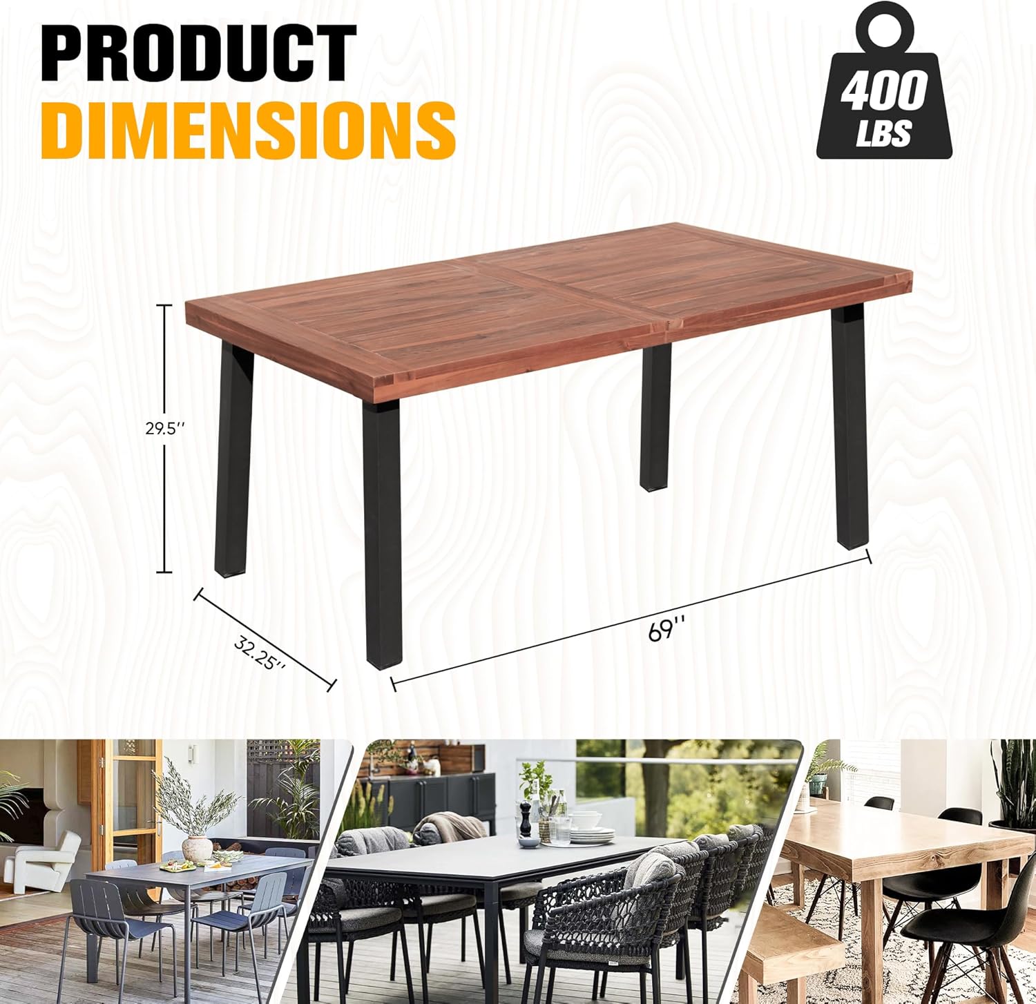 Flamaker Dining Table for 6 FSC Acacia Wood Indoor Outdoor Home Kitchen Table with Iron Legs Large Rectangular Patio Table for Deck, Sunroom (Walnut)