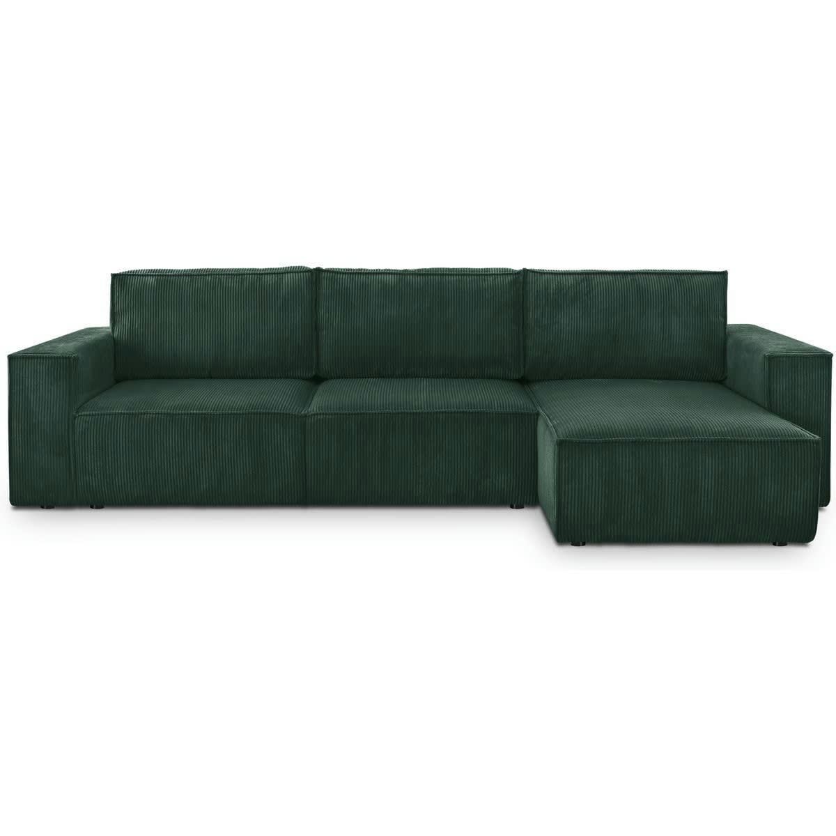 HARPER NEW - Canapé d'angle 5 places convertible +coffre, velours côtelé vert foncé