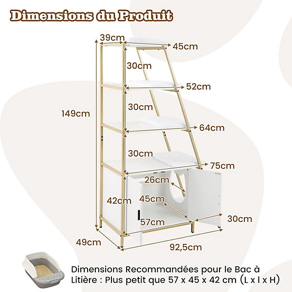 Arbre à Chat Bibliothèque avec Meuble Litière,5 Niveaux Cadre Métallique,5 Coussins,kit Anti-basculement,92,5x49x149cm(Blanc)