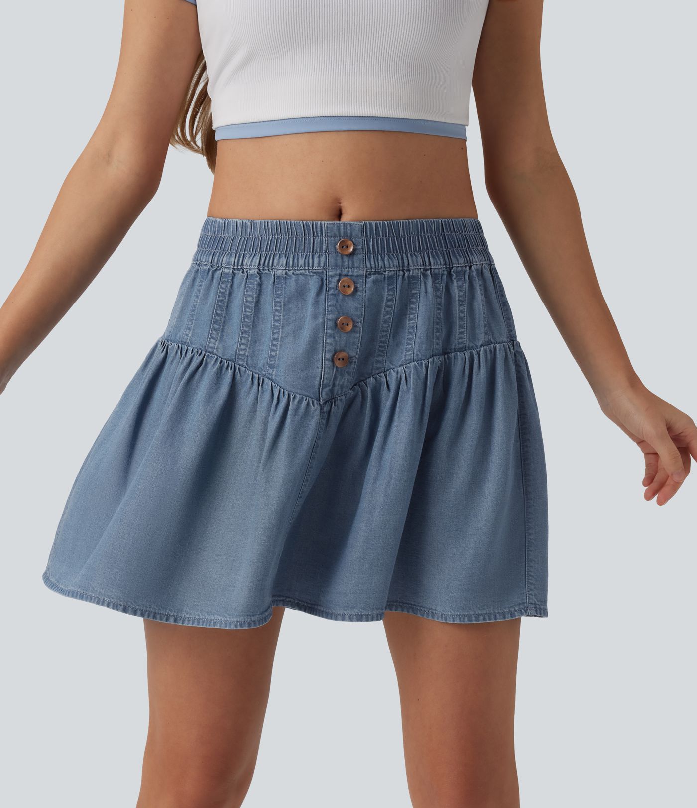 Jupe mini casual trapèze en denim lyocell drapé taille mi-haute