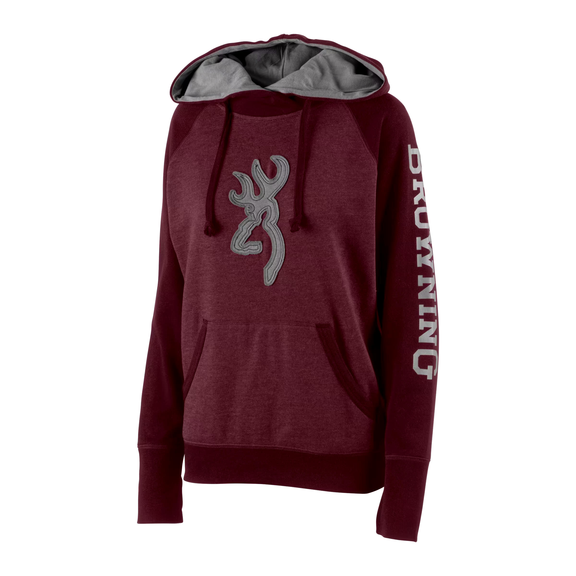 Browning Women's BRI Pullover Hunting Hoodie with Buckmark Print and Pocket, Burgundy/Grey