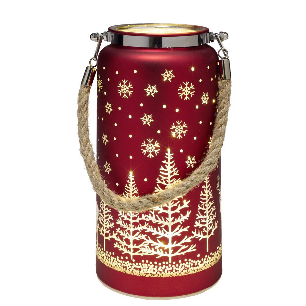 Lanterne décorative 12 LED motif No&euml;l verre rouge H20cm