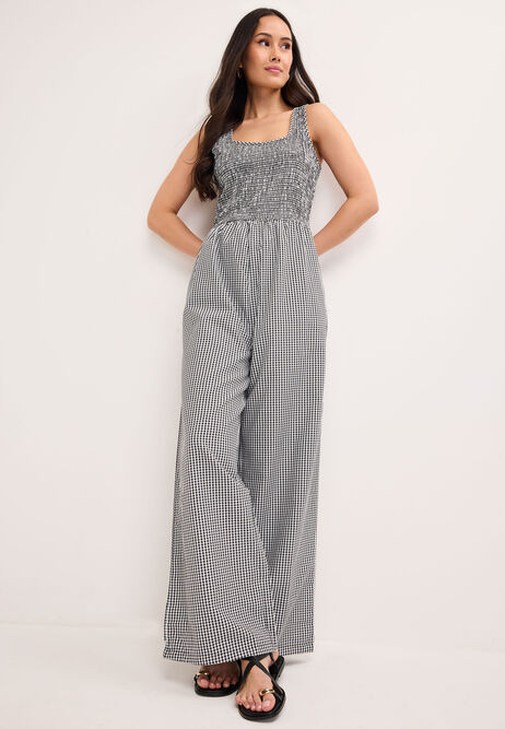 Womens Black & White Gingham Shirred Jumpsuit