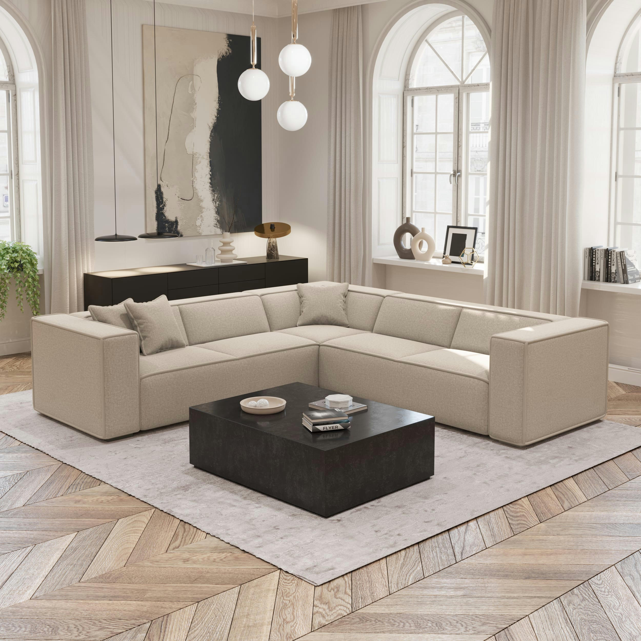 KAYA - Canapé grand angle tissu tramé beige