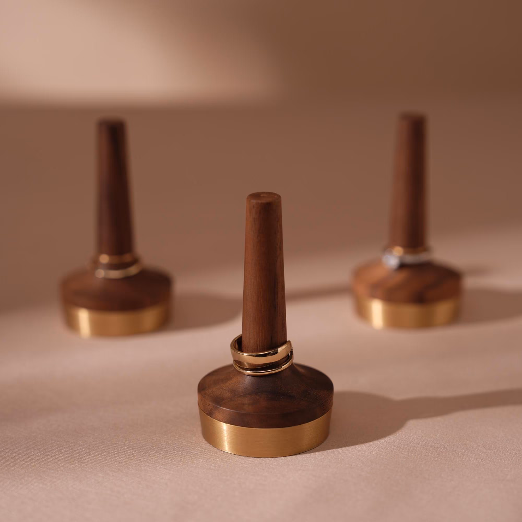 Black Walnut Ring Holder with Brass Base - Stamp Style Jewelry Display