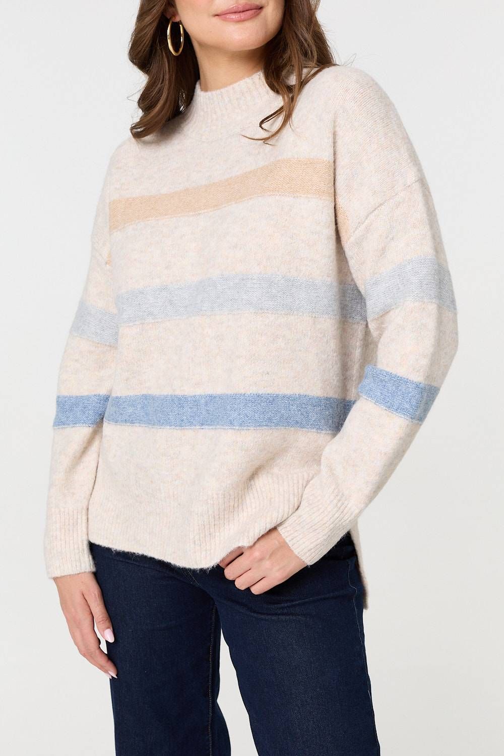 Izabel London Striped High Neck Boxy Jumper