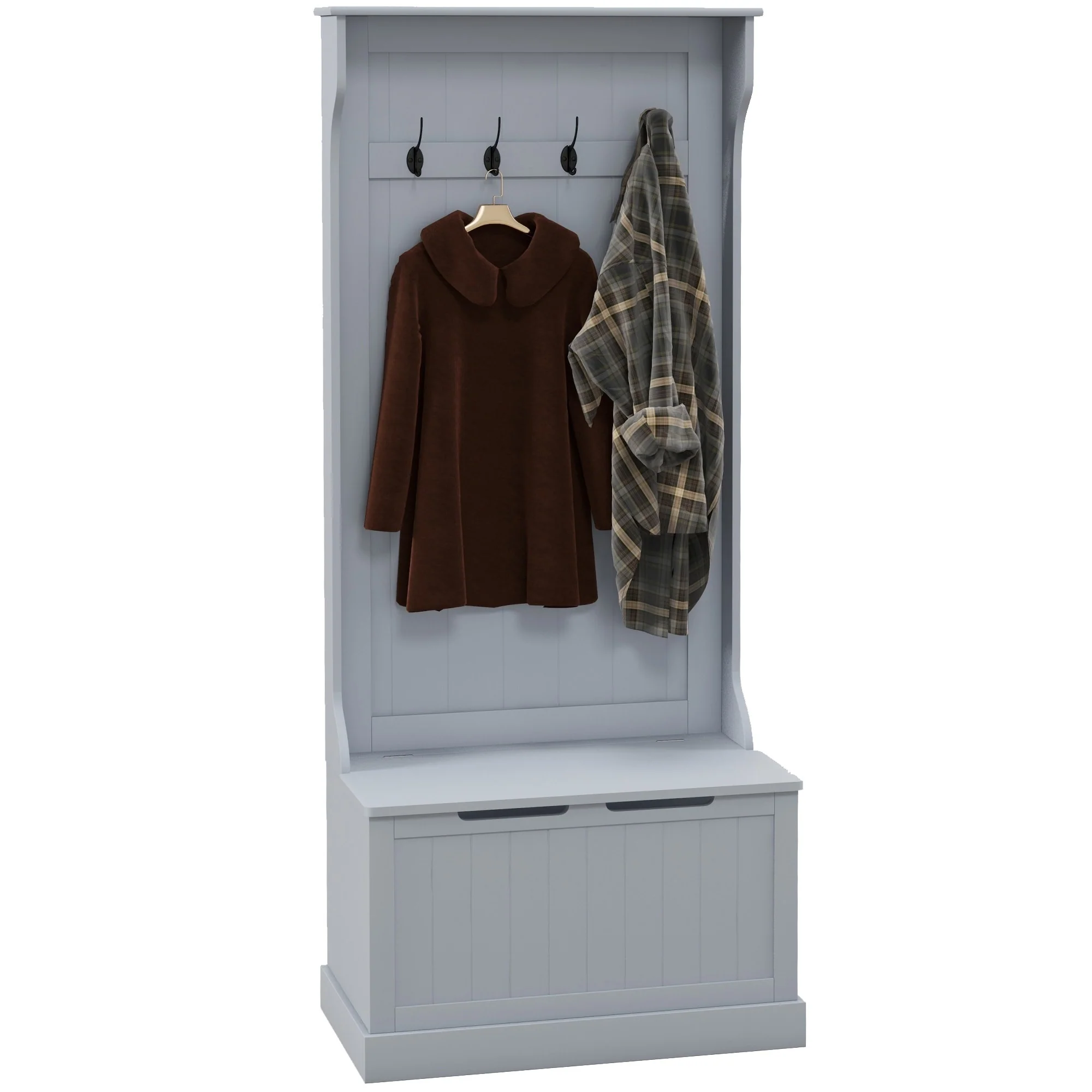 HOMCOM 28 3-In-1 Entryway Hall Tree with Storage Bench, Coat Rack with Four Hooks and Shoe Storage, Gray