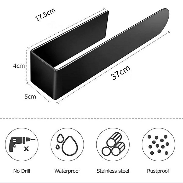 BASHLWUA 1 pc Porte-serviettes de salle de bain, noir, 37 cm, adhésif, montage mural, sans perçage, porte-torchons auto-adhésif en