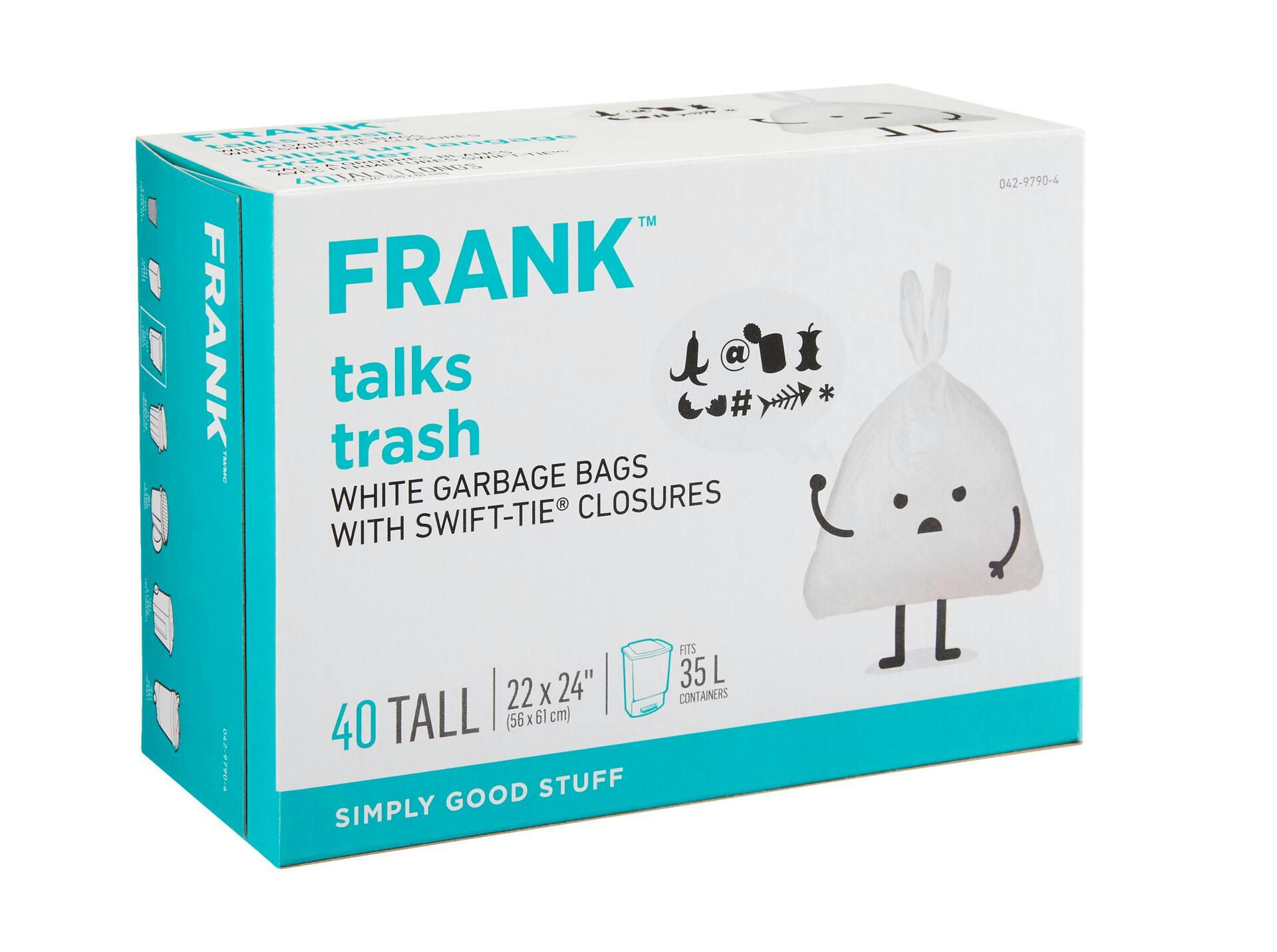 FRANK Tall Swift-Tie Unscented Garbage Bags, 40-pk, White, 35-L