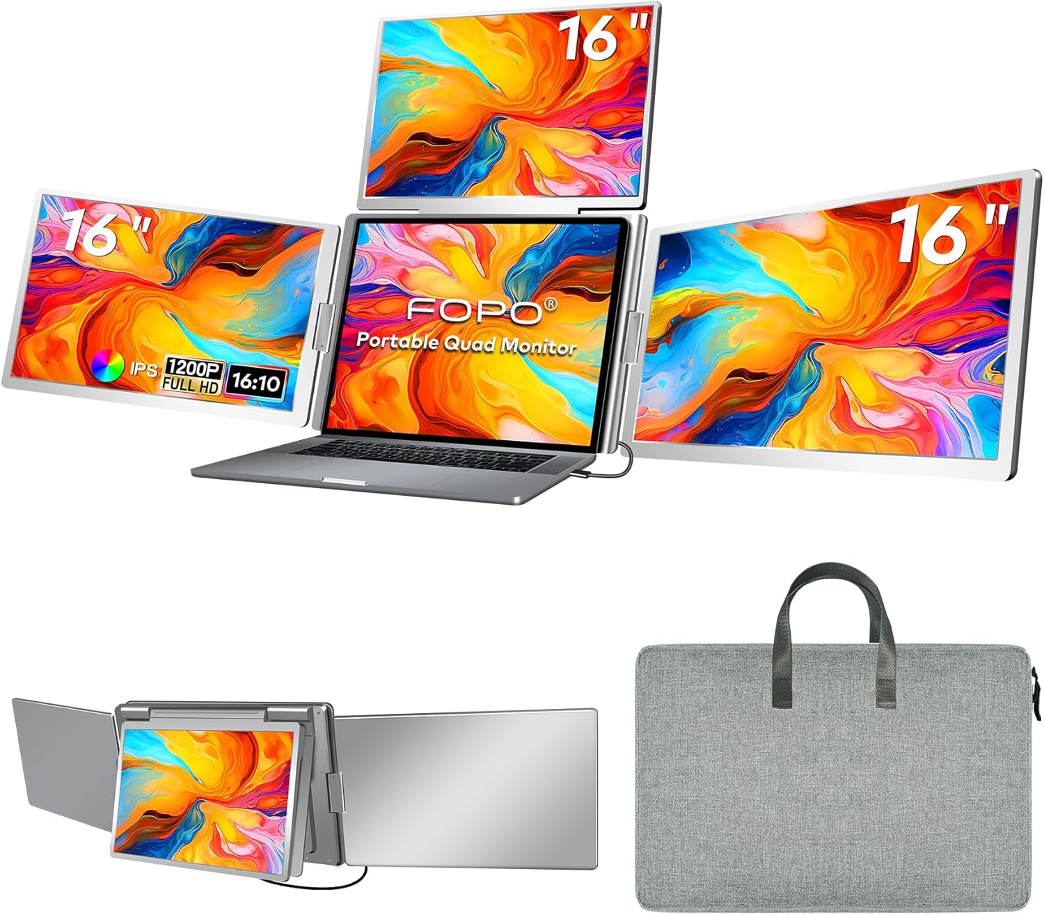 FOPO 16 Laptop Screen Extender Monitor Portable  Quad Monitor  Just 1 Cable for 3 Screens  FHD 1200P IPS Laptop Extender Compatible with Wins/Mac for 13.6 - 18.5 Laptops