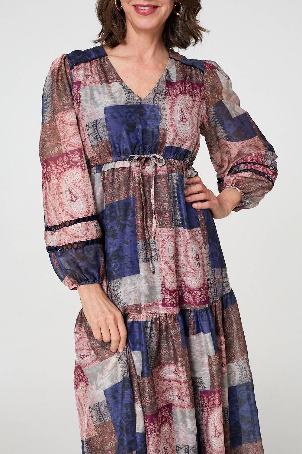 Izabel London Patchwork Print Empire V-Neck Maxi Dress