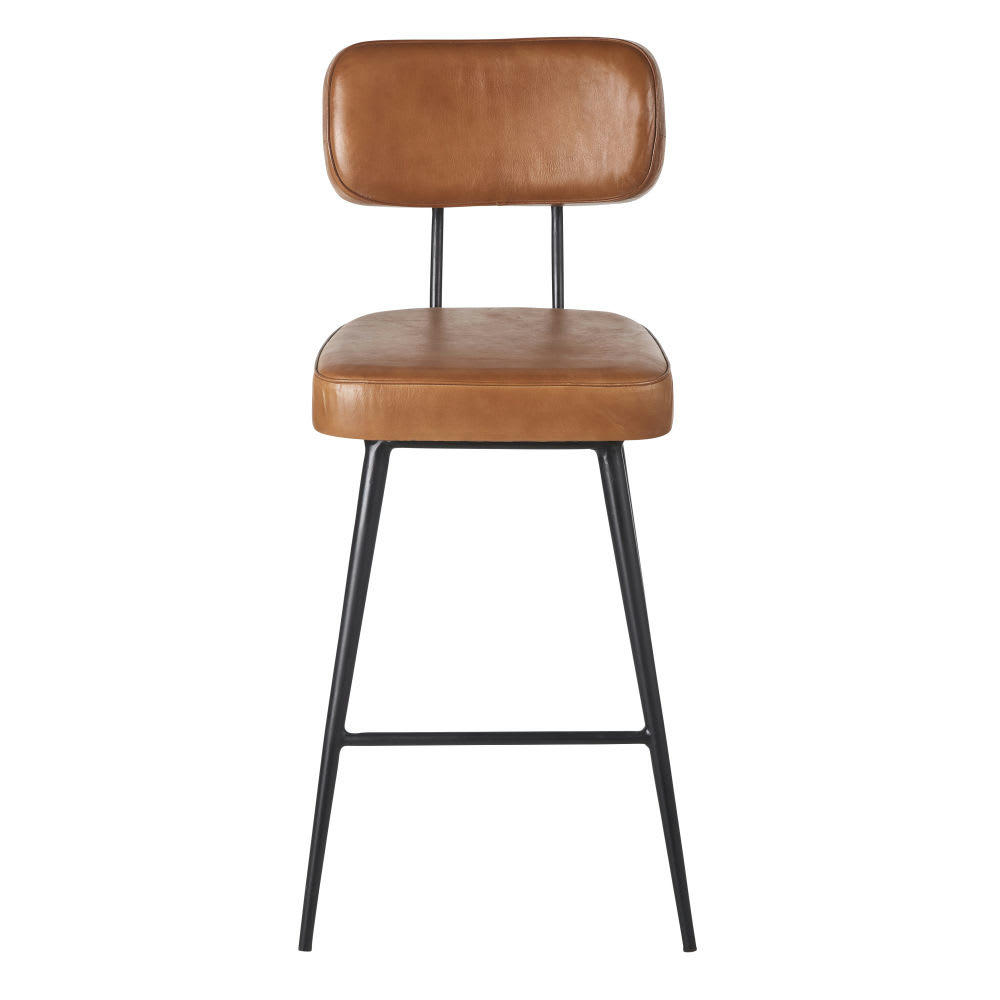 Clapper - Chaise pour îlot central en cuir de chèvre marron et métal noir H65