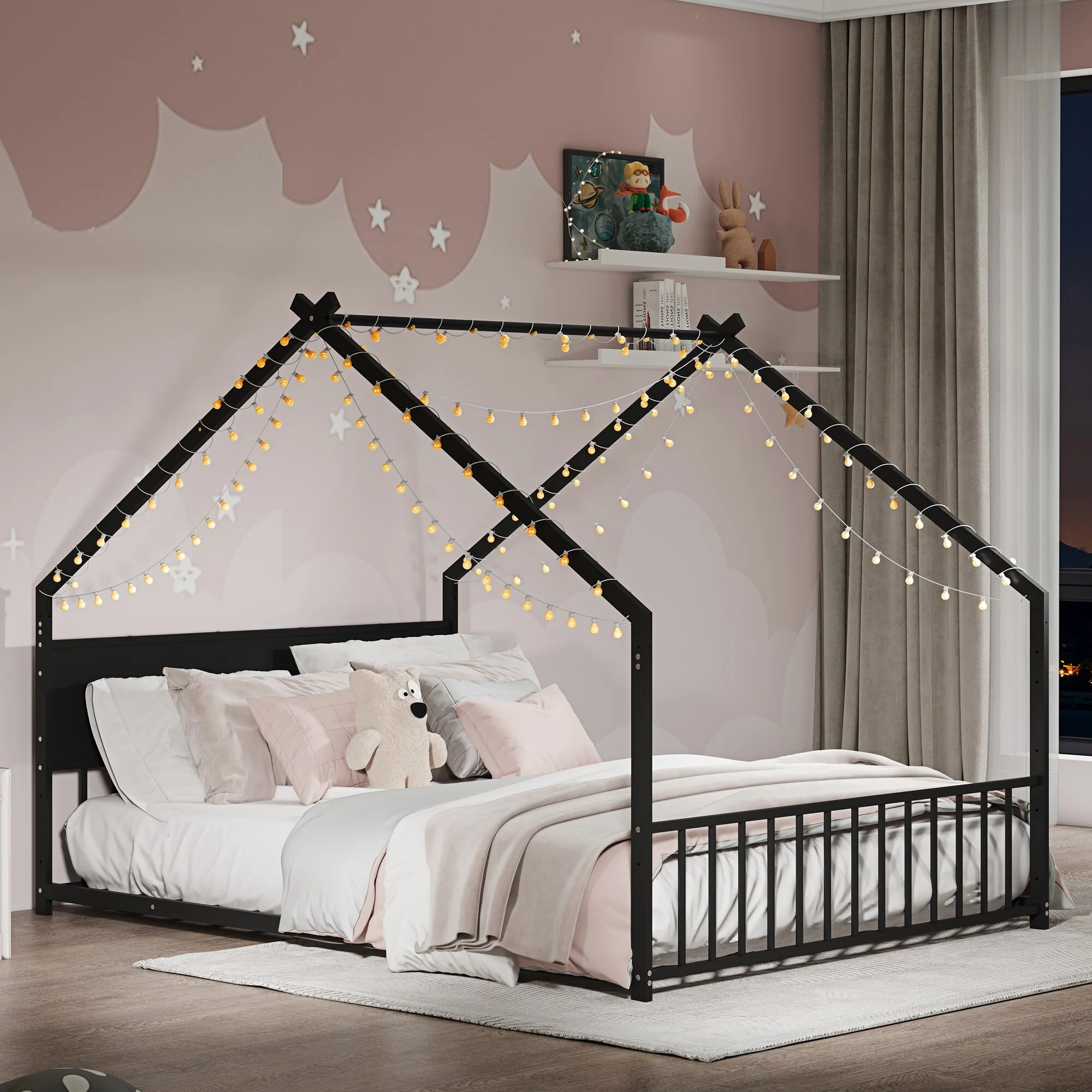 Full Size Kids Bed with House Frame and LED Lighting, Sturdy Metal Platform with Slats, Low Floor Design