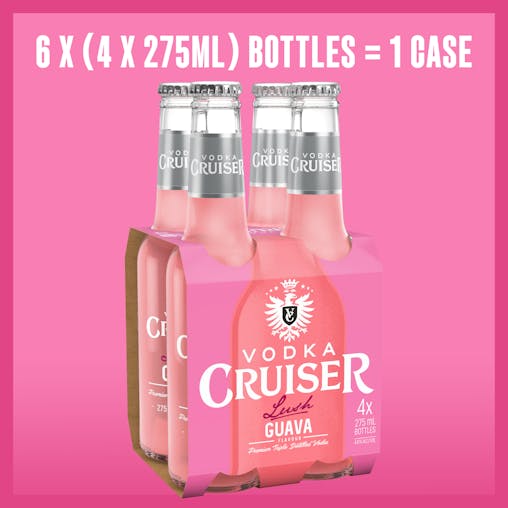 Vodka Cruiser Lush Guava, Refreshing Flavoured Pre-Mixed Vodka Drink, 4.6% ABV, 275mL (Case of 24 Bottles)