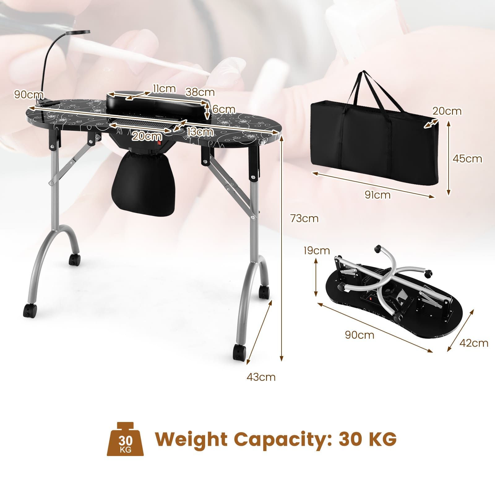 Costway Folding Manicure Nail Table with Electric Dust Collector & Wheels