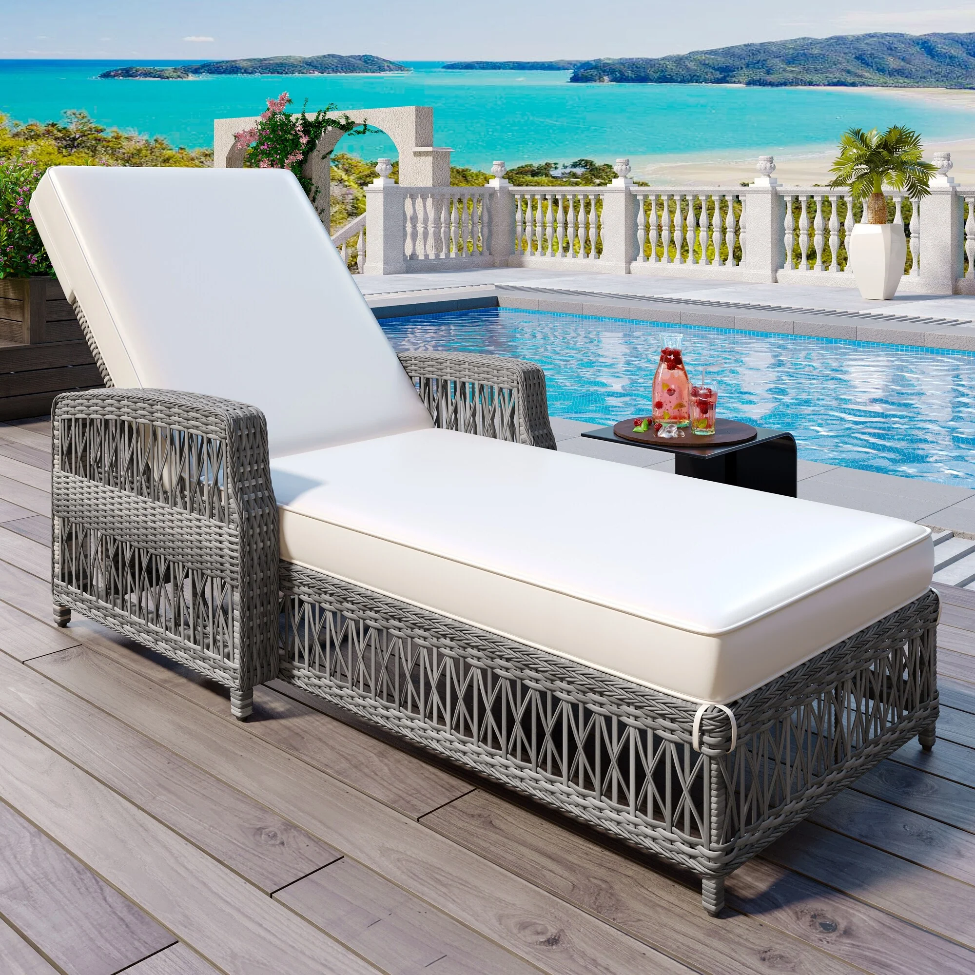 Outdoor Long Reclining Chaise Armrests,Patio Adjustable Recliner With Soft Removable Cushions, All Weather Rattan Pool Lounge