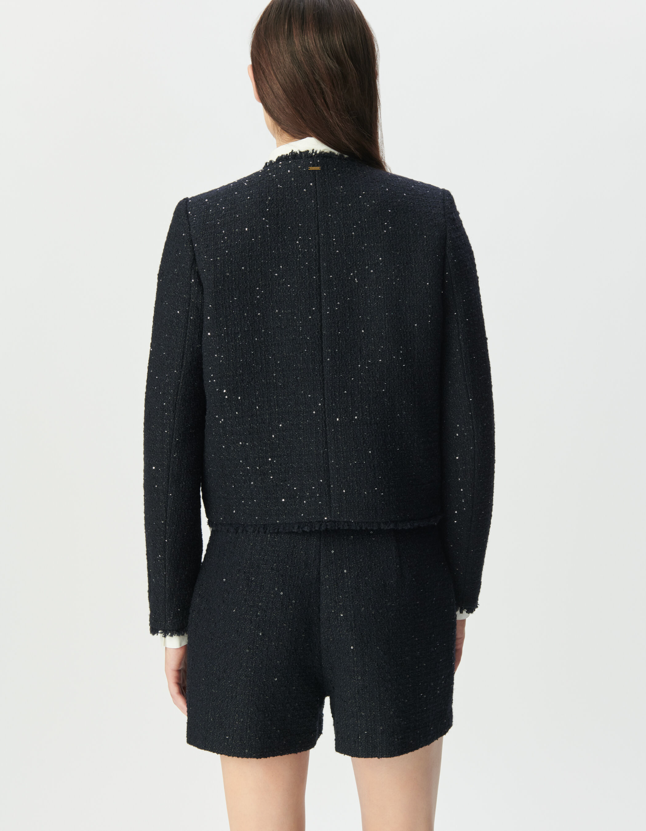 Veste courte marine effet tweed et sequins brodés Femme