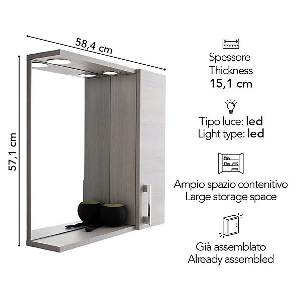 Miroir Avec Unité Murale Droite En Chêne Gris Effet Bois Et Spot Led 58Cm