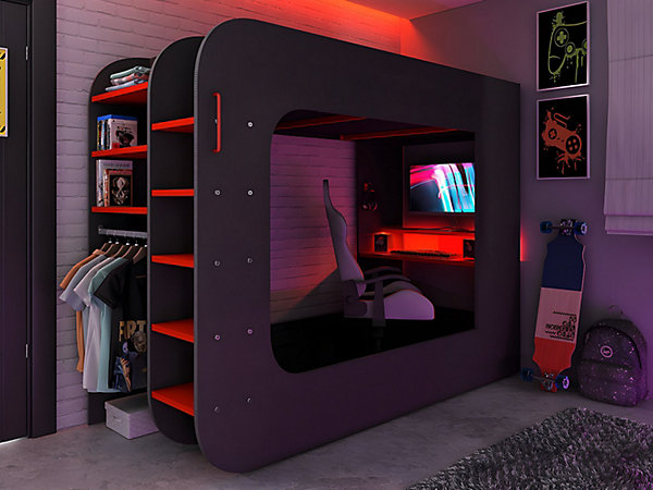 Lit mezzanine gamer 90 x 200 cm - Avec bureau et rangements - Avec LEDs - Anthracite et rouge -WARRIOR
