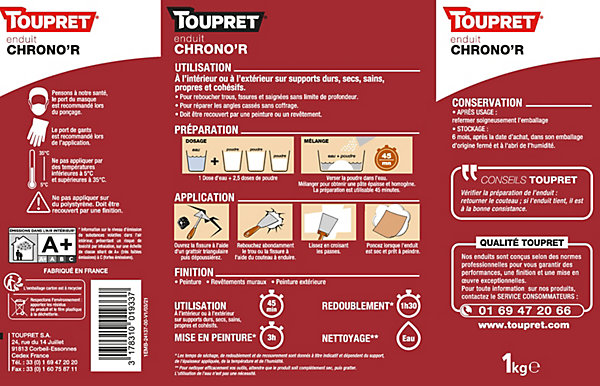 Enduit de rebouchage Chrono'R poudre à séchage rapide sac de 1 kg Toupret