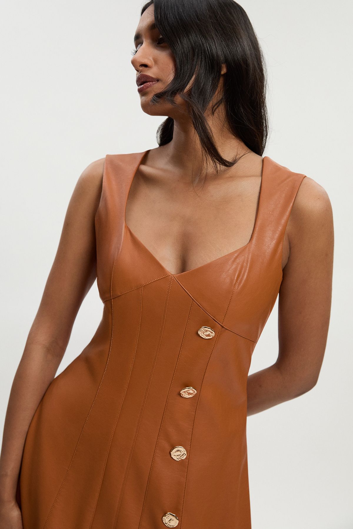 KarenMillen Faux Leather Button Detail Sleeveless Midi Dress