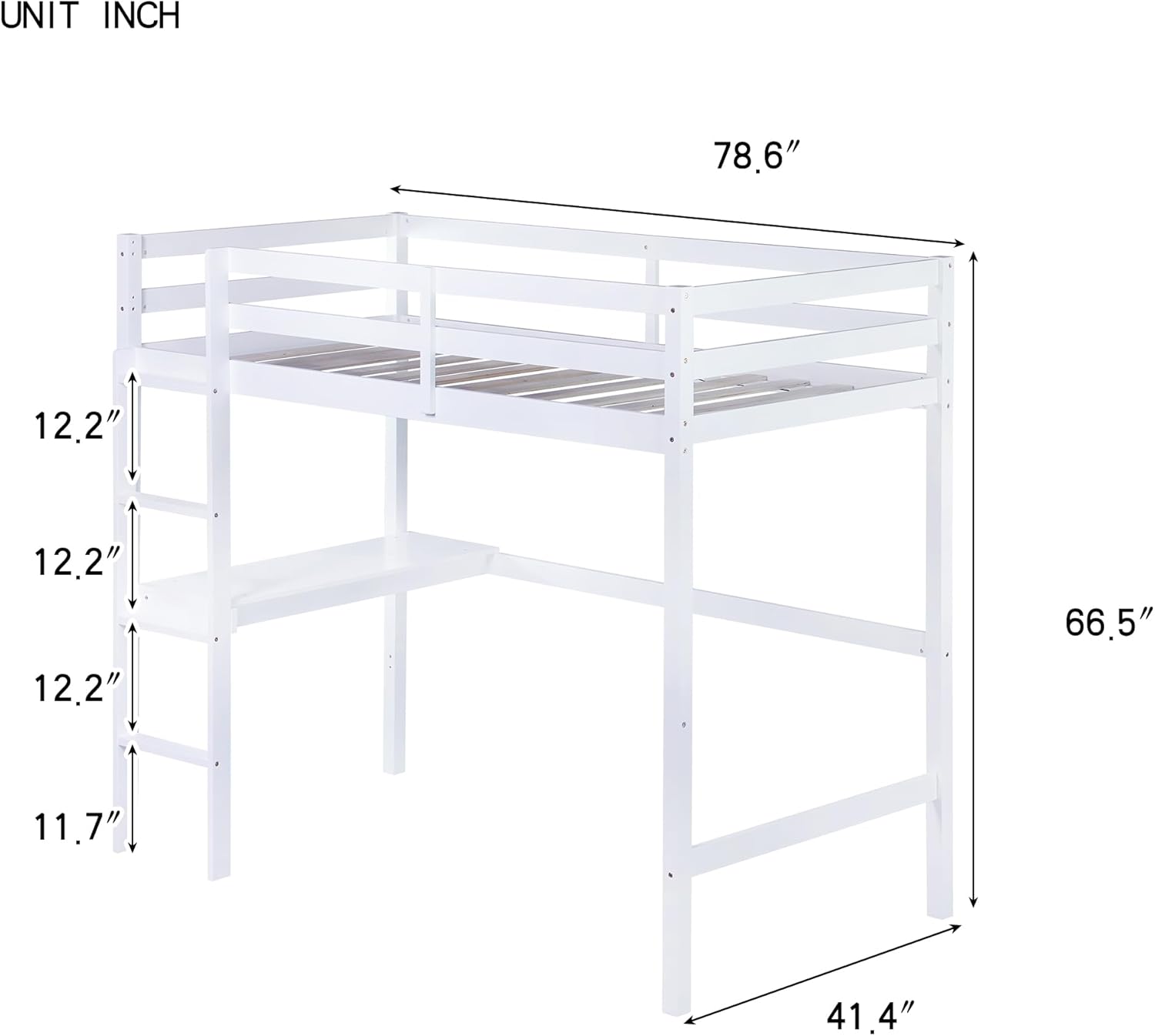 Twin Loft Bed with Desk, Wood Bed Twin Size with Ladder and Safety Guardrail, Space-Saving High Loft Bed for Kids, Adults, No Box Spring Needed, White