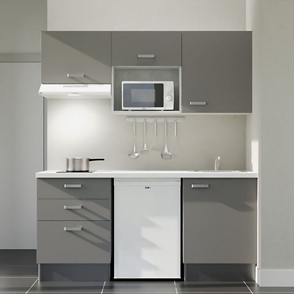 Kitchenette K20 - 180 cm - Façades : Gris - Plan de travail : Blanc - Crédences : Non - Evier