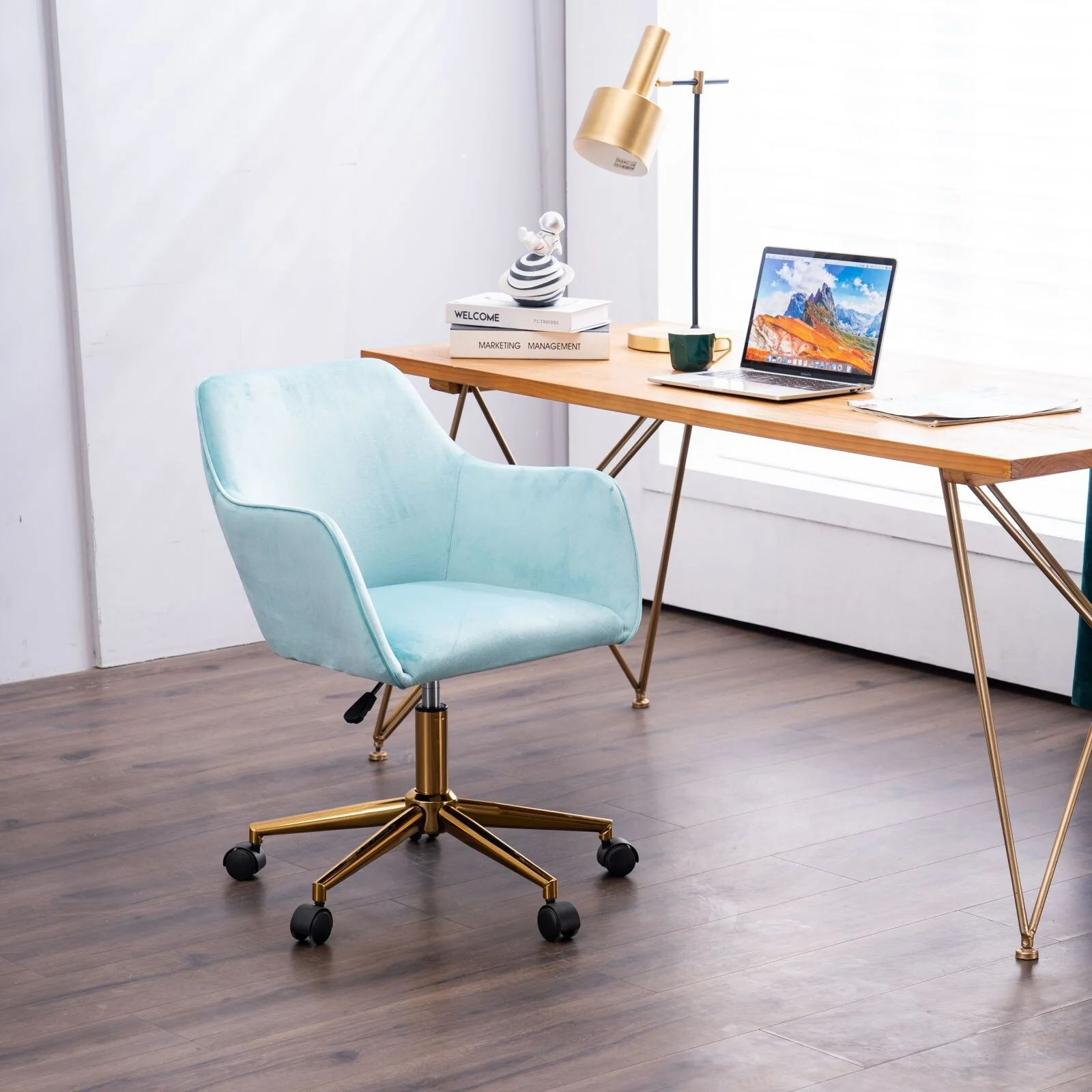 Modern Upholstered Home Office Chair with Adjustable Height & Gold Metal Legs, 360° Swivel