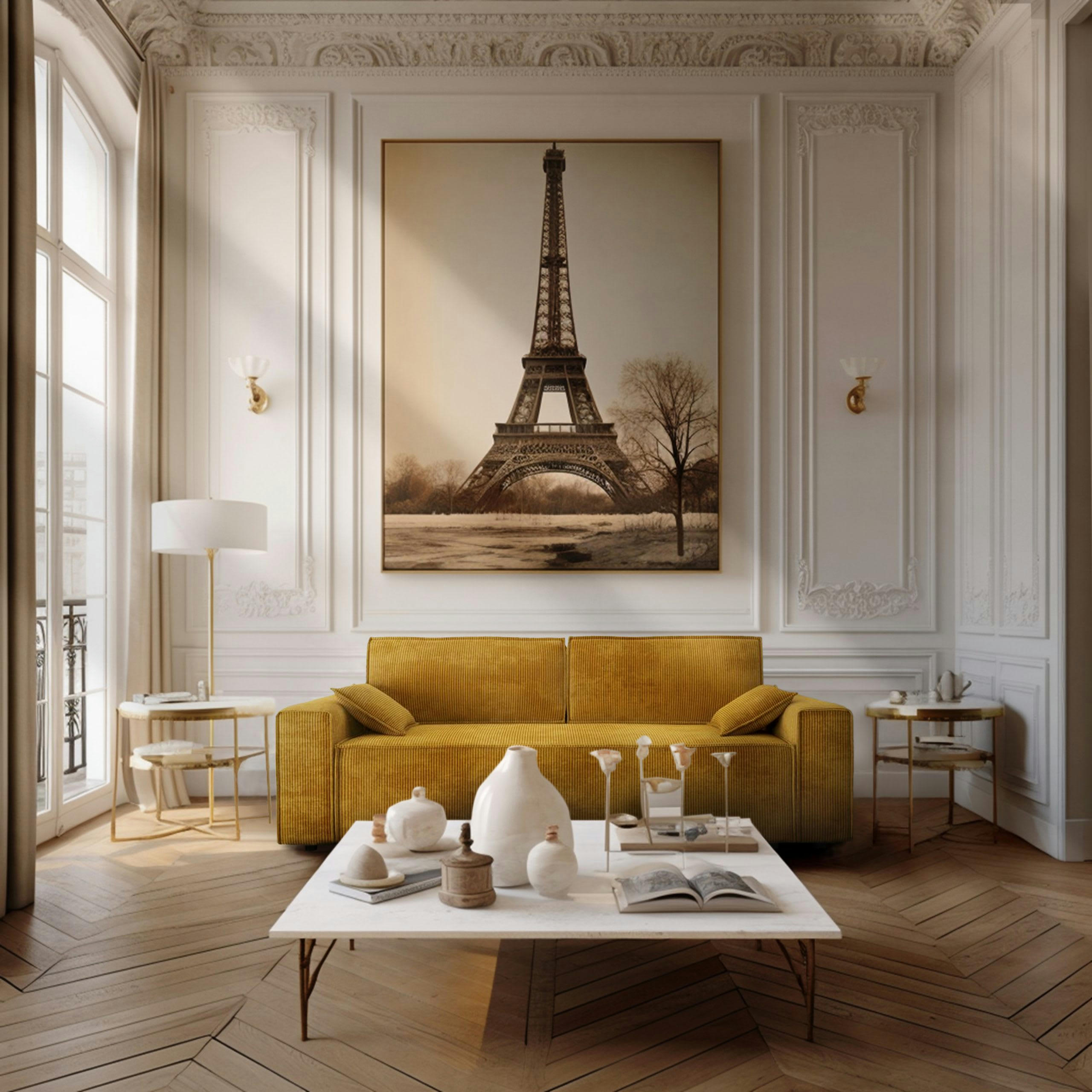 DURIF - Canapé droit convertible 3 places en velours côtelé jaune moutarde