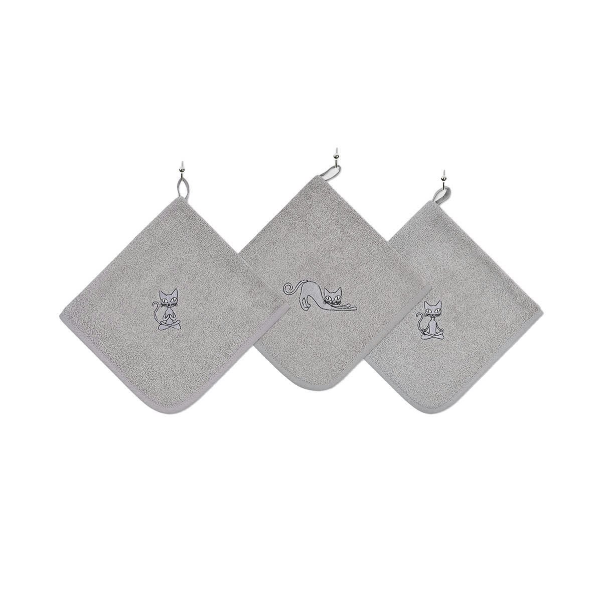 YOGI CAT - Lot de 3 torchons  carrés en coton  gris perle