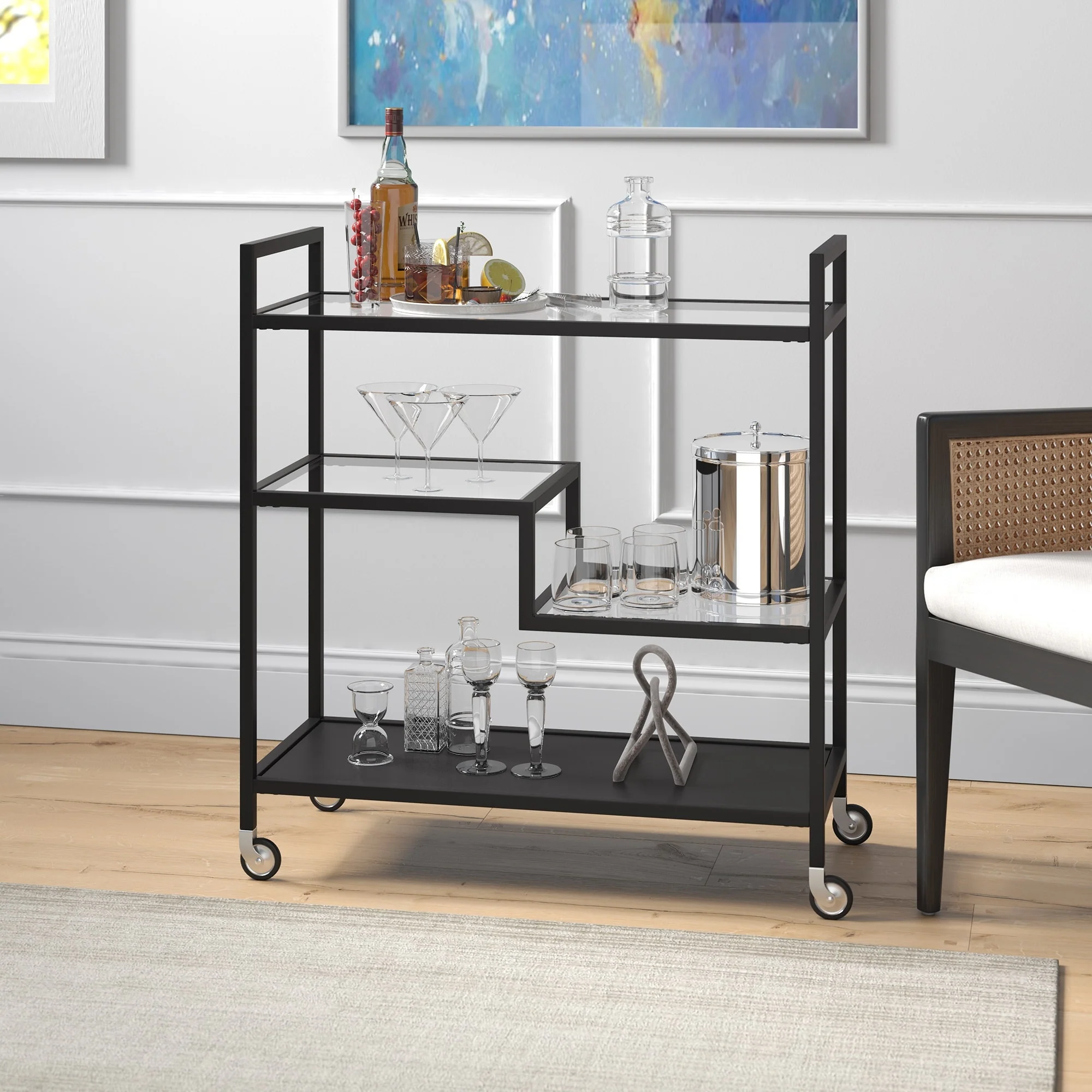 Lovett 33 Wide Rectangular Bar Cart with Glass Shelves