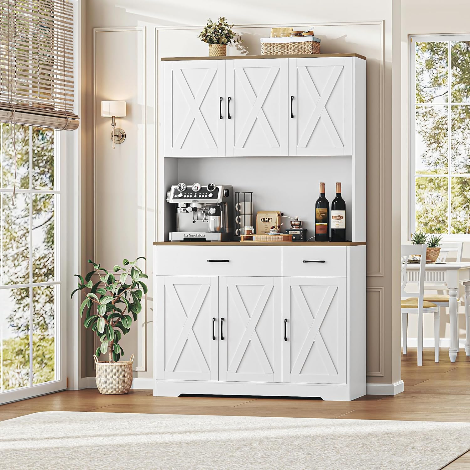 HOSTACK 71 Pantry Cabinet with Charging Station, Tall Kitchen Pantry Storage Cabinet with Microwave Stand, Farmhouse Kitchen Hutch with Storage Drawers for Living Room, Dining Room, White