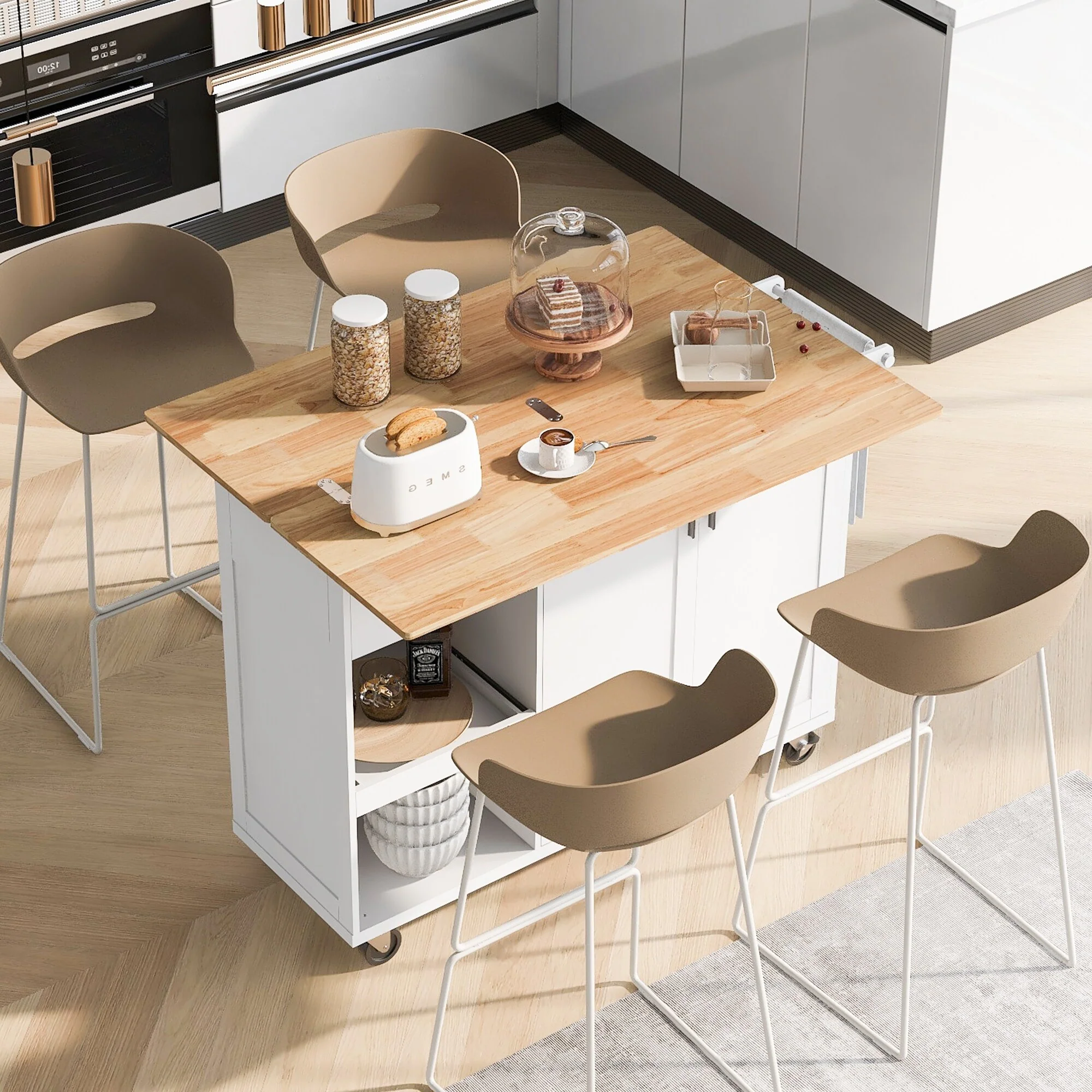 Rolling Kitchen Island with Foldable Counter Top, Wooden Pantry Storage Cabinet with Slide-Out Shelf, Towel Rack and Drawer